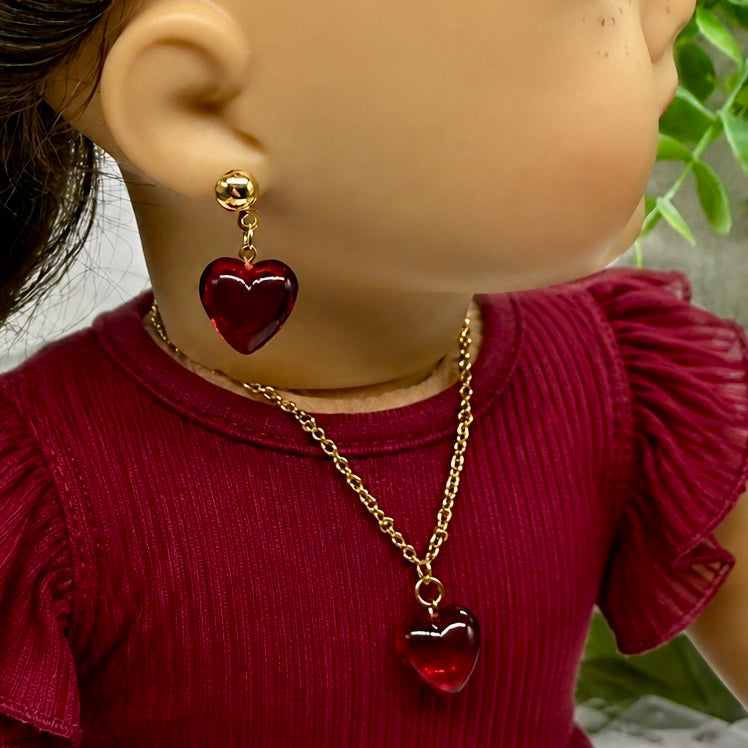 Red Burgundy Heart Pendant Gold Chain Doll Necklace & Earrings • EARRING POSTS ARE 2mm DIAMETER - for dolls with 2mm (drilled) pierced ears.  Necklace measures 6-5/8 inches long. • Necklace and earrings shown on 18" American Girl doll