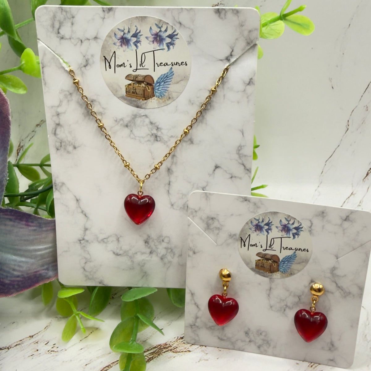 Red Burgundy Heart Pendant Gold Chain Doll Necklace & 2mm Post Earrings • 18 Inch Fashion Doll