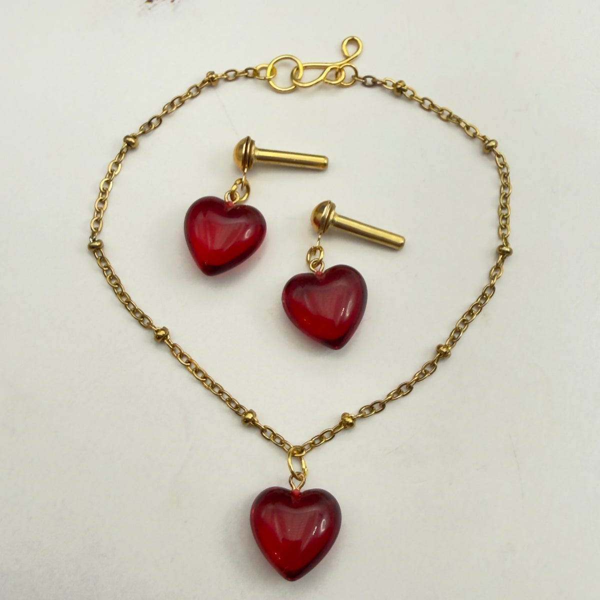 Red Burgundy Heart Pendant Gold Chain Doll Necklace & 2mm Post Earrings • 18 Inch Fashion Doll