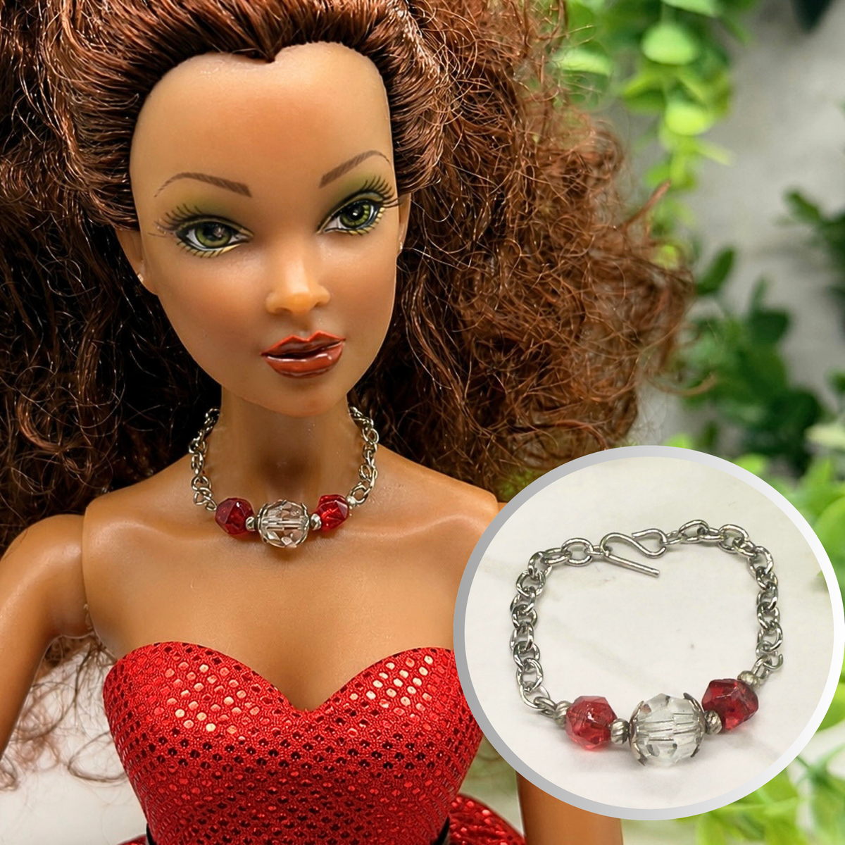 Red & Clear Glass Crystal Doll Necklace. Necklace measures 3 inches long. Necklace shown on 16” Spellbound Valentina doll 