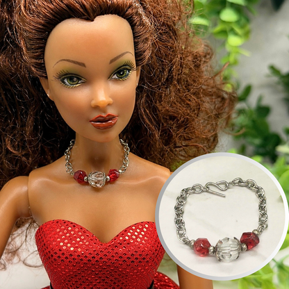 Red & Clear Glass Crystal Doll Necklace. Necklace measures 3 inches long. Necklace shown on 16” Spellbound Valentina doll 