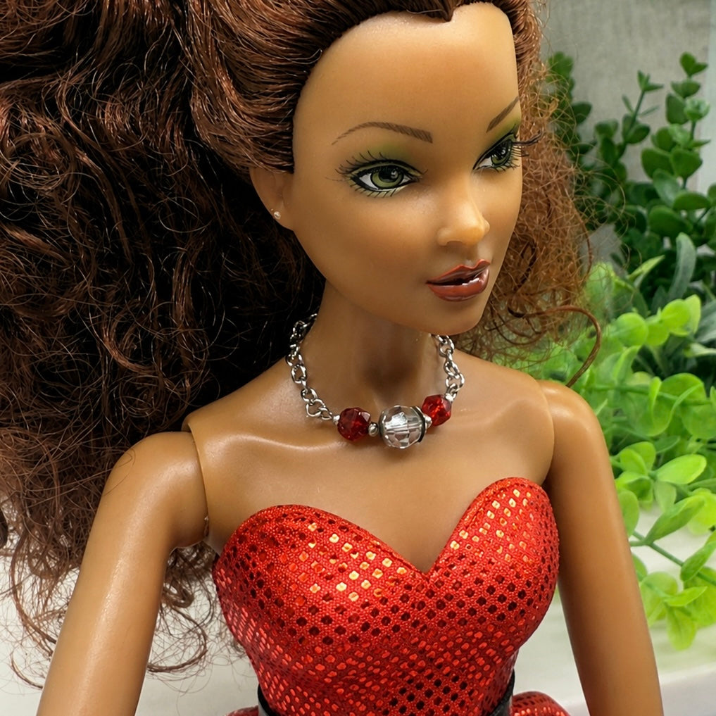 Red & Clear Glass Crystal Doll Necklace. Necklace measures 3 inches long. Necklace shown on 16” Spellbound Valentina doll 