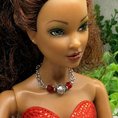 Red & Clear Glass Crystal Doll Necklace. Necklace measures 3 inches long. Necklace shown on 16” Spellbound Valentina doll 