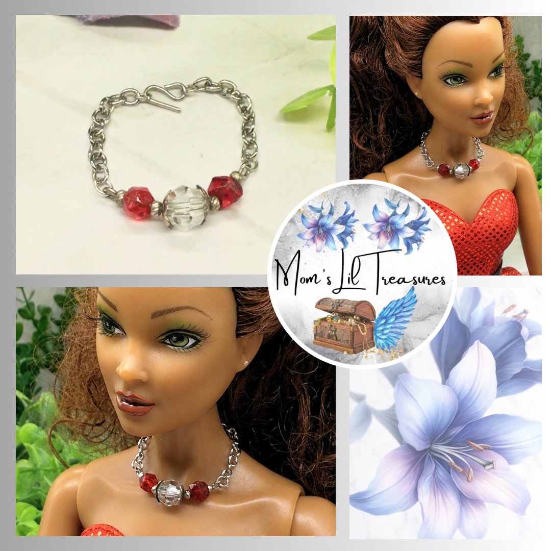 Red & Clear Glass Crystal Doll Necklace. Necklace measures 3 inches long. Necklace shown on 16” Spellbound Valentina doll 