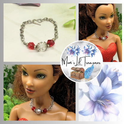 Red & Clear Glass Crystal Doll Necklace. Necklace measures 3 inches long. Necklace shown on 16” Spellbound Valentina doll 