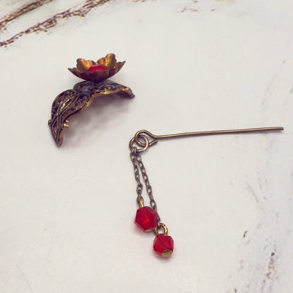 Handmade Doll Accessories Designed to Fit popular 16 inch Fashion Dolls: add a stylish touch to your favorite doll! 
Red Rhinestone Crystal Dangles Bronze Brass Tone Metal Filigree Flower Design Doll Hair Stick