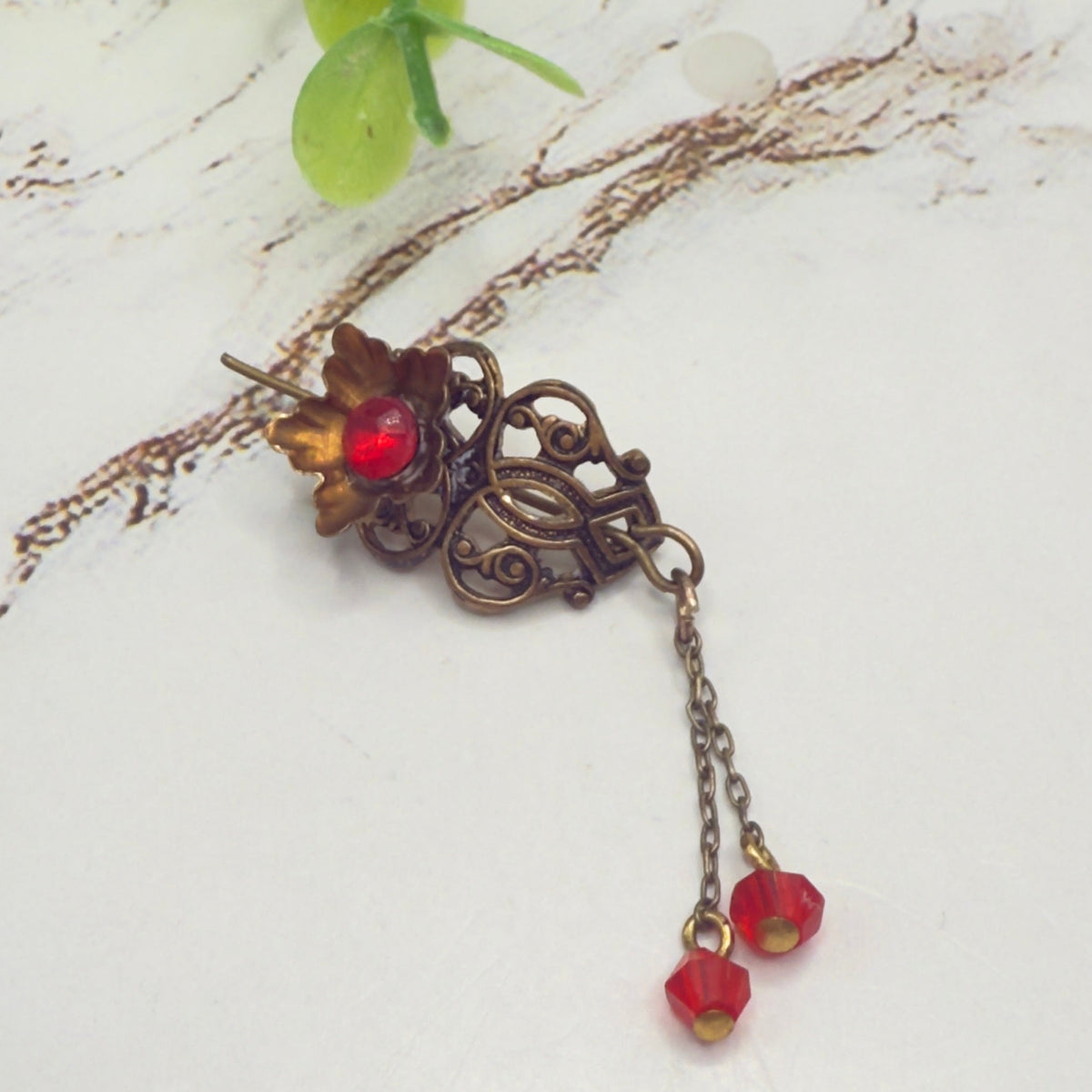 Handmade Doll Accessories Designed to Fit popular 16 inch Fashion Dolls: add a stylish touch to your favorite doll! 
Red Rhinestone Crystal Dangles Bronze Brass Tone Metal Filigree Flower Design Doll Hair Stick