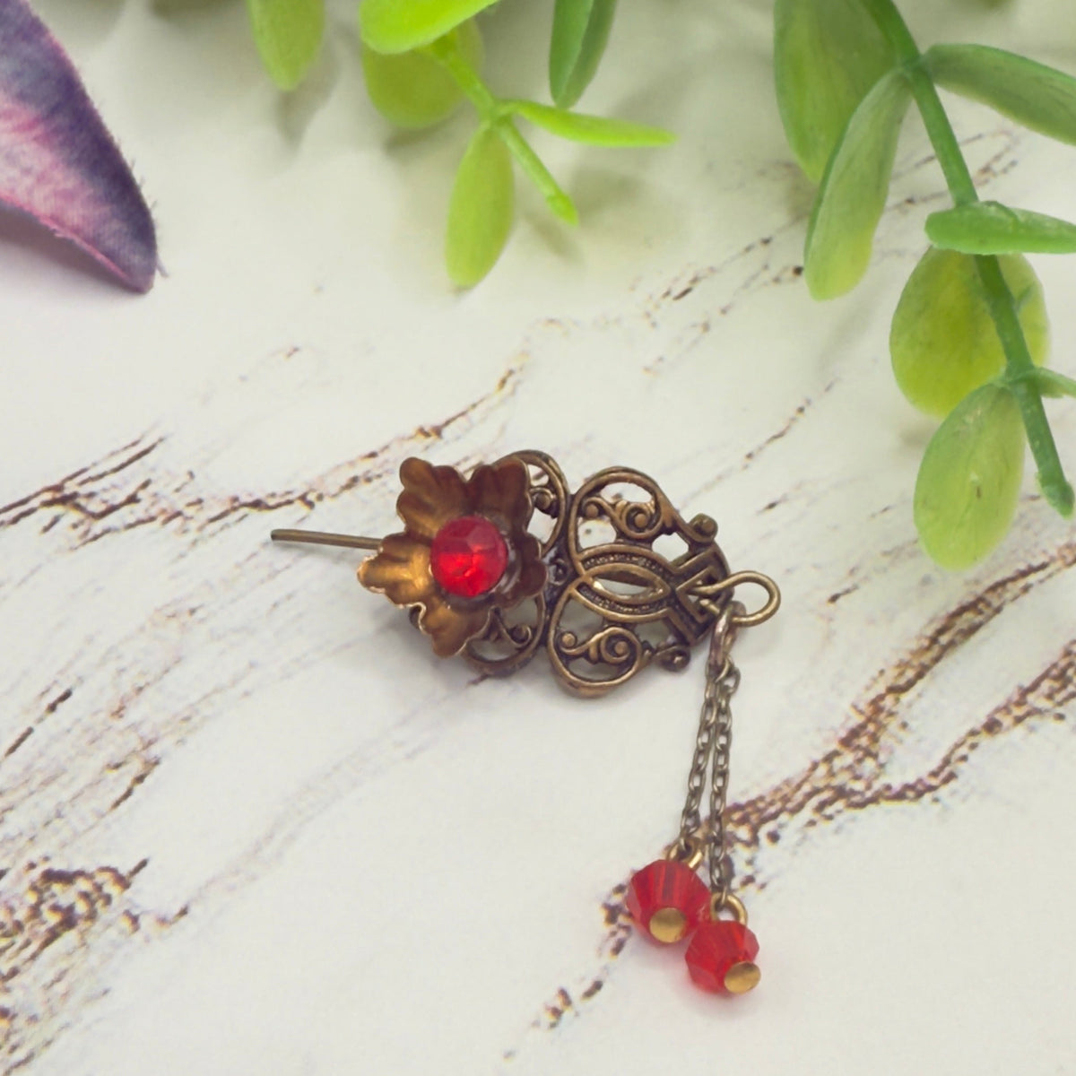 Handmade Doll Accessories Designed to Fit popular 16 inch Fashion Dolls: add a stylish touch to your favorite doll! 
Red Rhinestone Crystal Dangles Bronze Brass Tone Metal Filigree Flower Design Doll Hair Stick