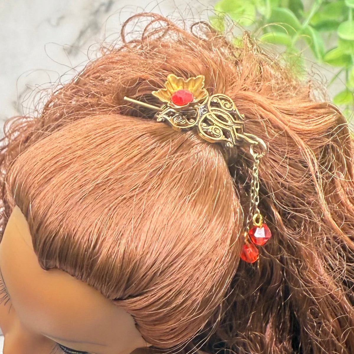 Handmade Doll Accessories Designed to Fit popular 16 inch Fashion Dolls: add a stylish touch to your favorite doll! 
Red Rhinestone Crystal Dangles Bronze Brass Tone Metal Filigree Flower Design Doll Hair Stick