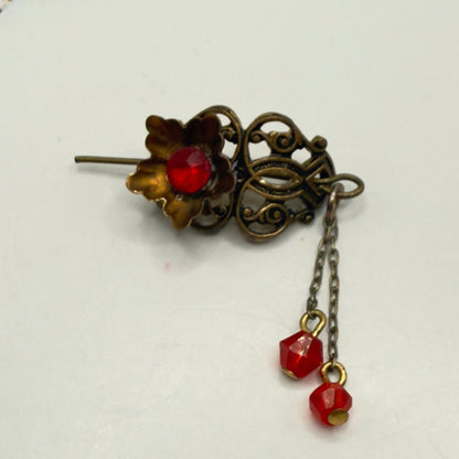 Handmade Doll Accessories Designed to Fit popular 16 inch Fashion Dolls: add a stylish touch to your favorite doll! 
Red Rhinestone Crystal Dangles Bronze Brass Tone Metal Filigree Flower Design Doll Hair Stick