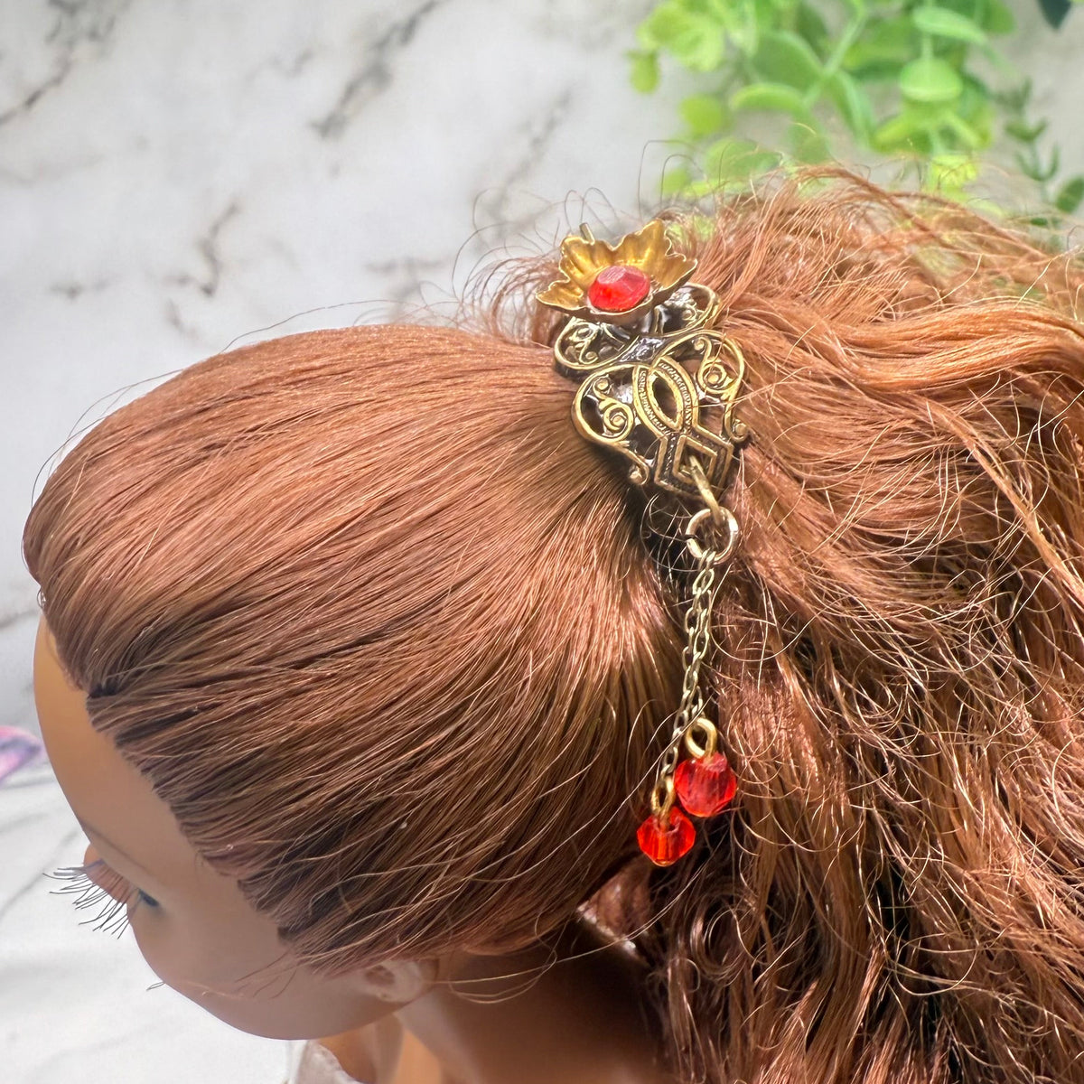 Handmade Doll Accessories Designed to Fit popular 16 inch Fashion Dolls: add a stylish touch to your favorite doll! 
Red Rhinestone Crystal Dangles Bronze Brass Tone Metal Filigree Flower Design Doll Hair Stick