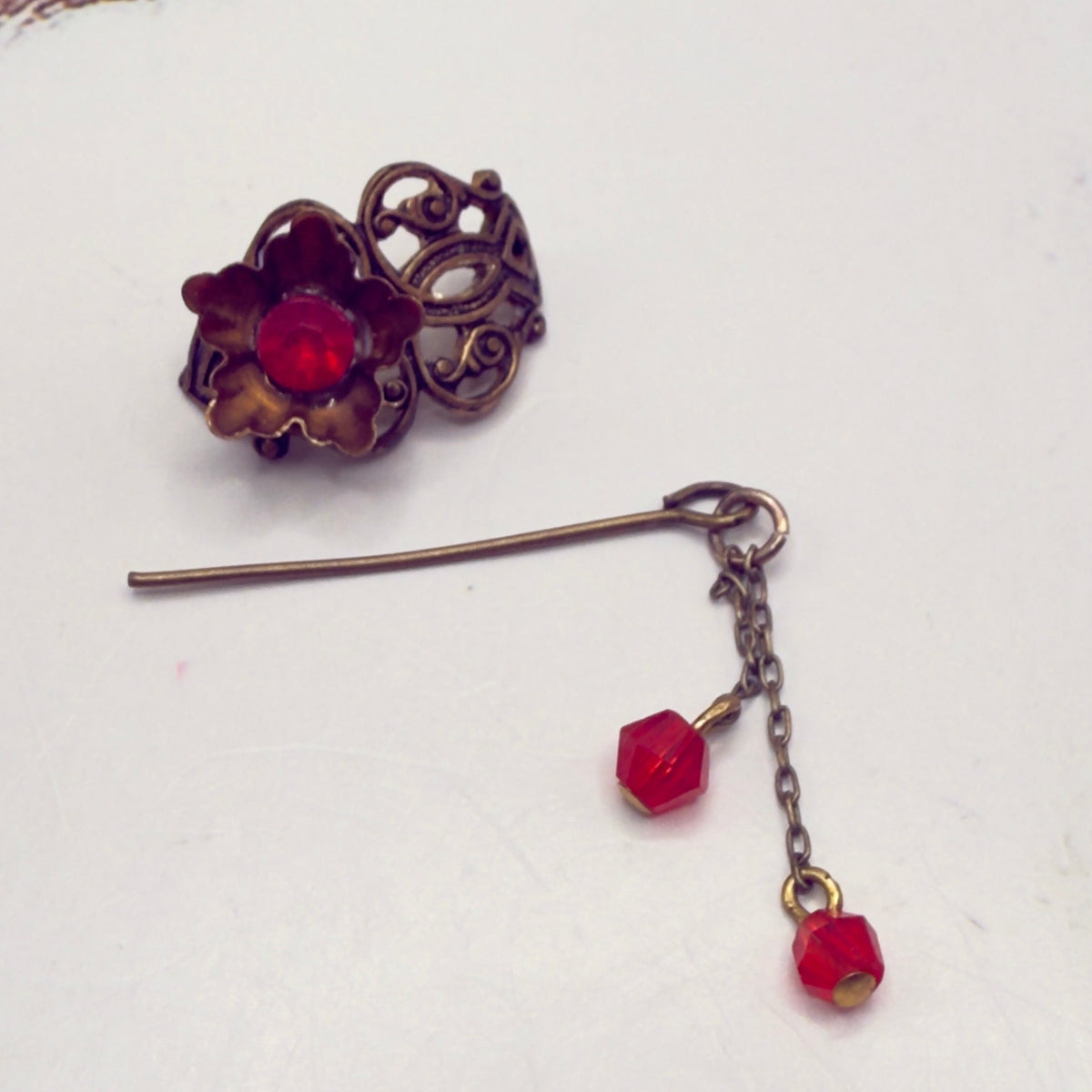 Handmade Doll Accessories Designed to Fit popular 16 inch Fashion Dolls: add a stylish touch to your favorite doll! 
Red Rhinestone Crystal Dangles Bronze Brass Tone Metal Filigree Flower Design Doll Hair Stick