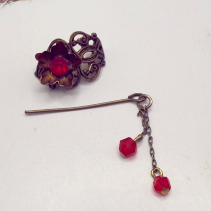 Handmade Doll Accessories Designed to Fit popular 16 inch Fashion Dolls: add a stylish touch to your favorite doll! 
Red Rhinestone Crystal Dangles Bronze Brass Tone Metal Filigree Flower Design Doll Hair Stick