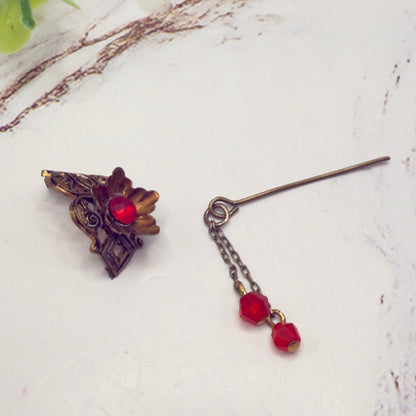 Handmade Doll Accessories Designed to Fit popular 16 inch Fashion Dolls: add a stylish touch to your favorite doll! 
Red Rhinestone Crystal Dangles Bronze Brass Tone Metal Filigree Flower Design Doll Hair Stick