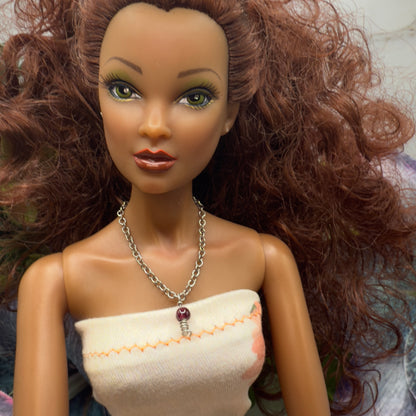 Red Drop Silver Spiral Pendant Doll Necklace. Necklace chain measures 3 7/8 inches long. Necklace shown on 16” Spellbound Valentina doll