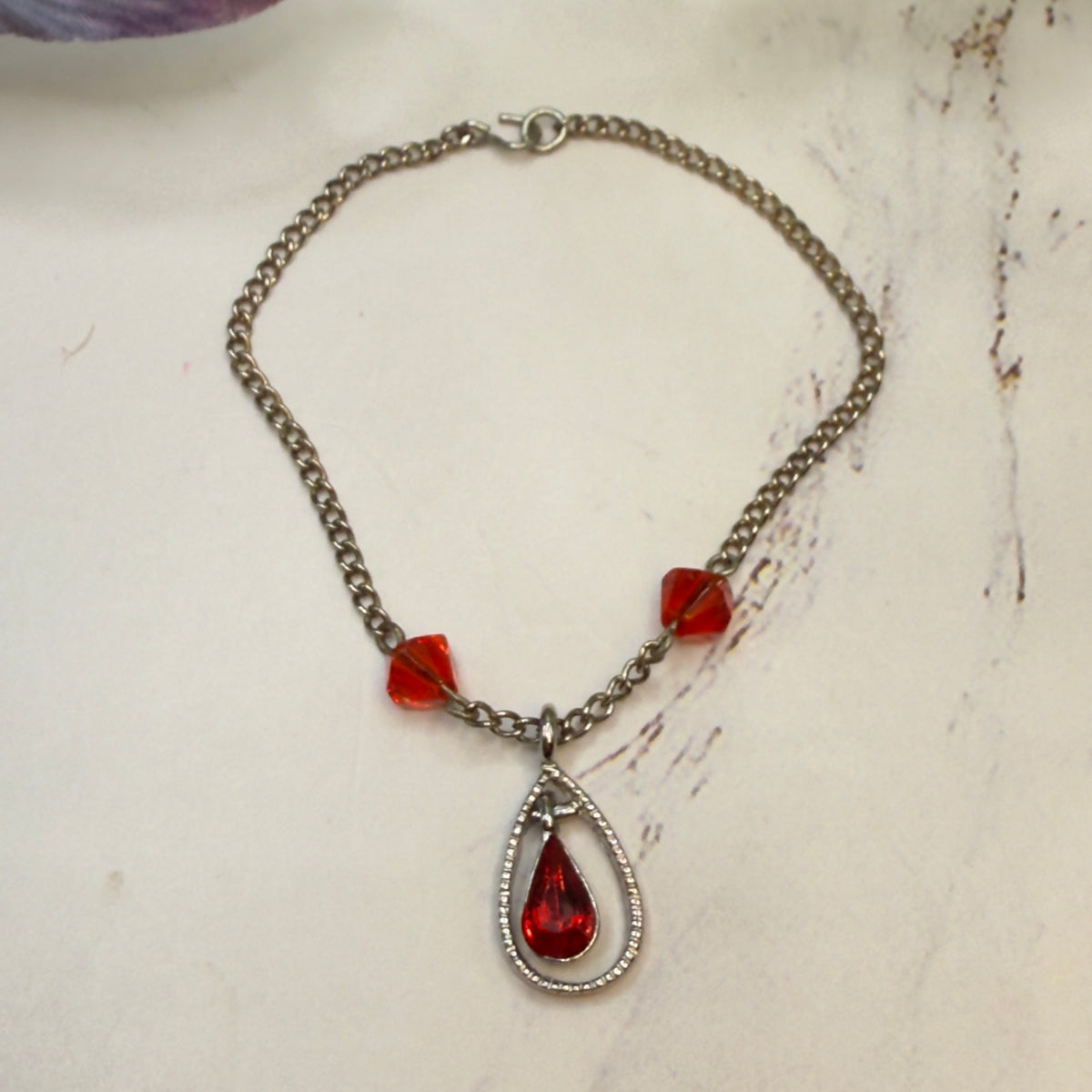 Red Glass Crystal Teardrop Rhinestone Pendant Silver Chain Doll Necklace • 18 Inch Fashion Doll Jewelry