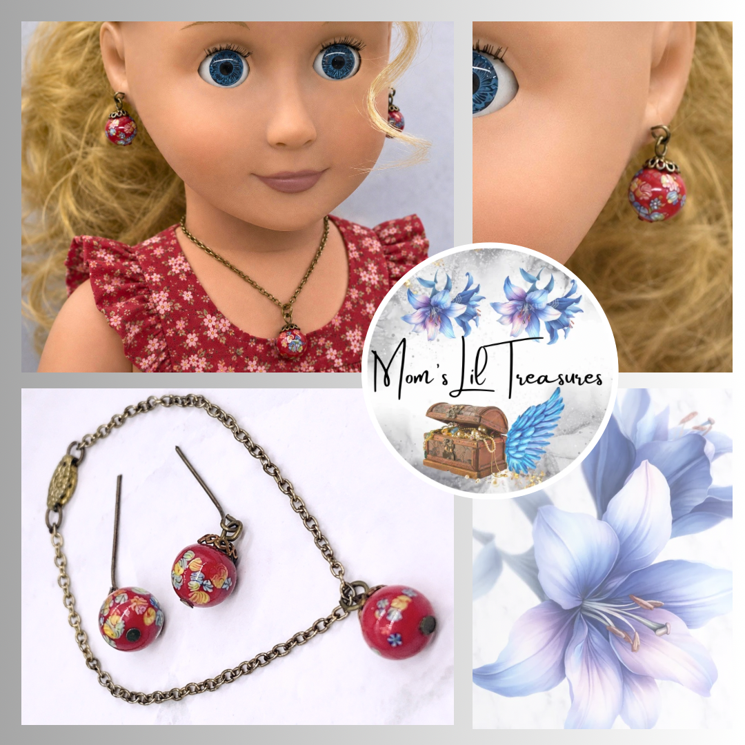 Add a pop of color to your doll's outfit with this Red glass Drop Pendant Doll Necklace Earrings Set. The set includes a red pendant necklace and matching earrings with floral design. The necklace measures 6.5 in length. Necklace and earrings shown on 18" Our Generation doll