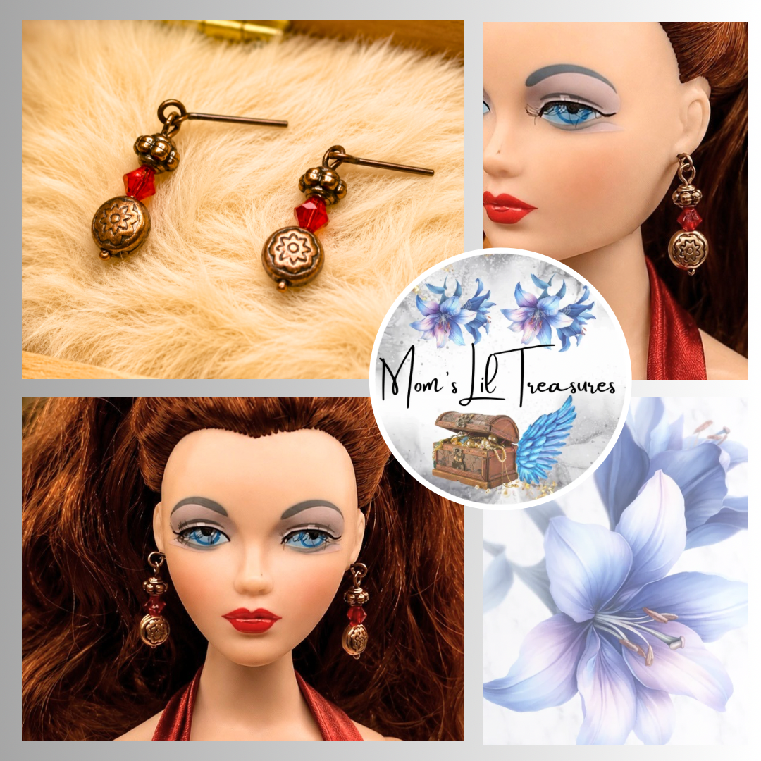 Add some style to your doll's outfit with these Red Glass Copper Dangle Doll Earrings. Earrings shown on 16” Ashton Drake - Gene doll.