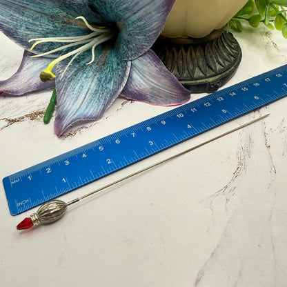 ✨ Handmade Vintage-Inspired Hatpin | Stick Pin | Hat Accessory | Sweater & Hijab Pin | Decorative Jewelry Gift for Her ✨

Red Glass Teardrop Antique Silver -Tone Corrugated Ribbed Swirl Design Clear Rhinestone Accent Hatpin - 6 Inch