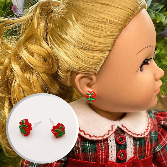 Handmade Doll Jewelry Designed to Fit popular 18 Inch Fashion Dolls: add jolly “Christmas Holiday🎄” style to your favorite doll! Red Green Christmas Present Gift Silicone Post Doll Earrings