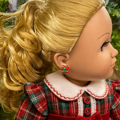 Handmade Doll Jewelry Designed to Fit popular 18 Inch Fashion Dolls: add jolly “Christmas Holiday🎄” style to your favorite doll! Red Green Christmas Present Gift Silicone Post Doll Earrings