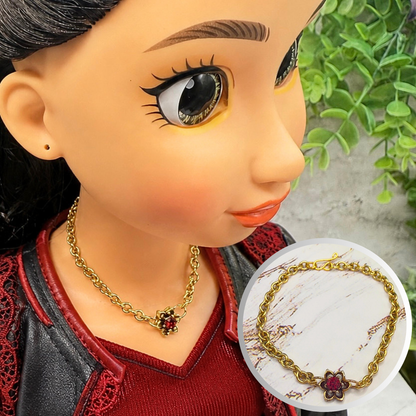 Red Rhinestone Flower Charm Gold Chain Doll Necklace • Necklace measures 6 inches long • Necklace shown on 18" fashion doll