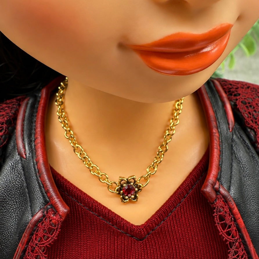 Red Rhinestone Flower Charm Gold Chain Doll Necklace • Necklace measures 6 inches long • Necklace shown on 18" fashion doll