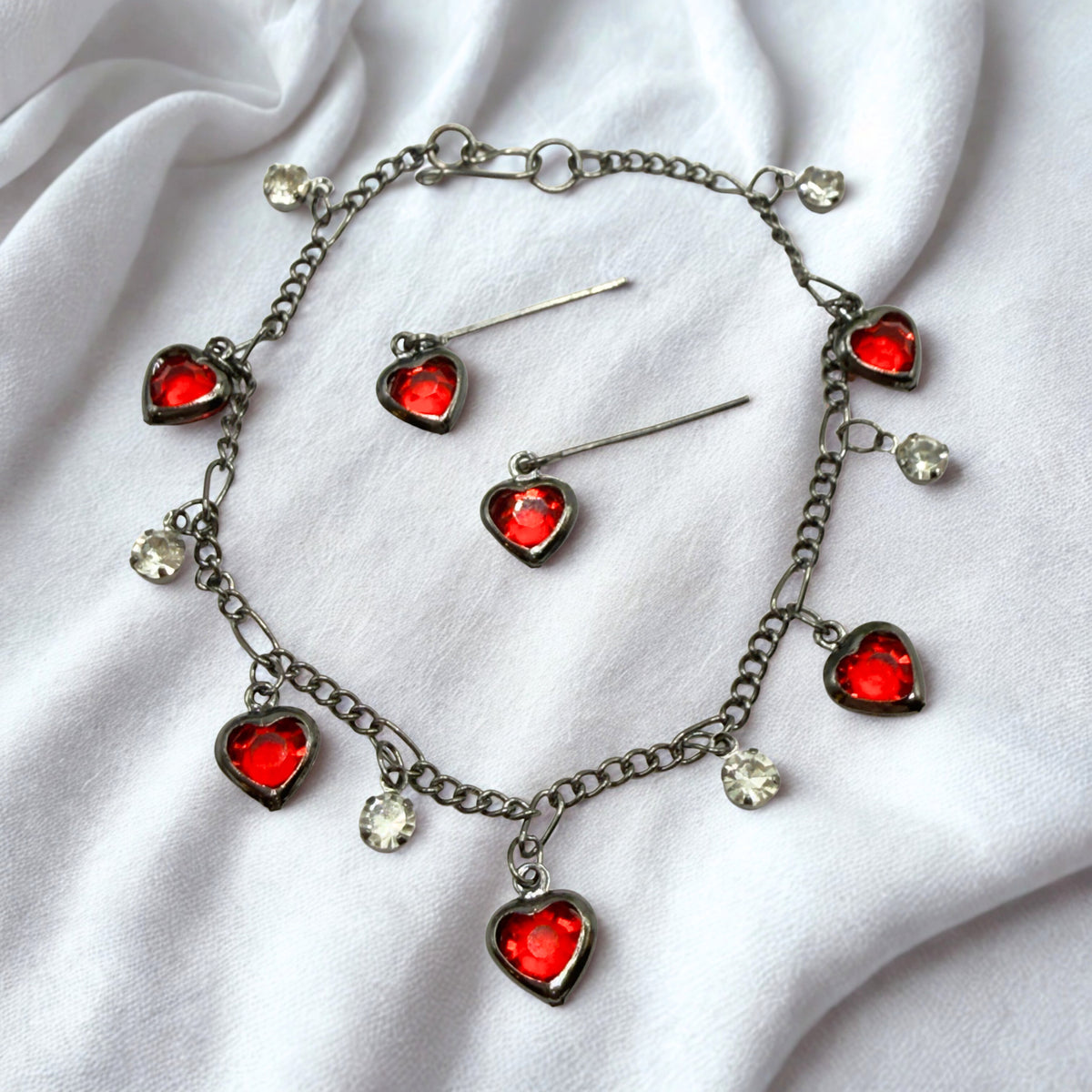 Red Rhinestone Heart Dangles Gunmetal Chain Doll Necklace & Earrings Set • 18 Inch Fashion Doll Jewelry