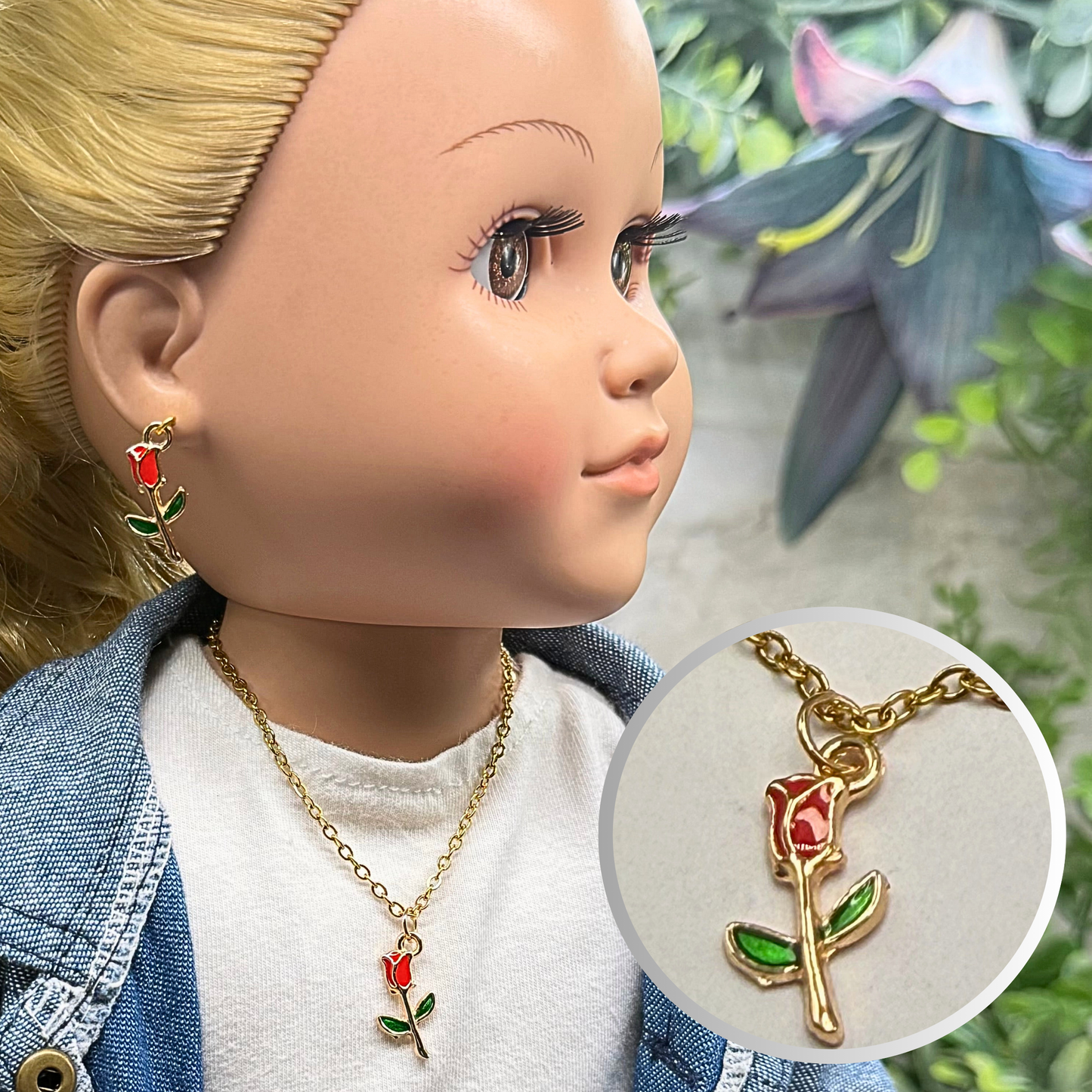 ✨ Handmade Doll Jewelry Designed to Fit popular 18 Inch Fashion Dolls: add a stylish touch to your favorite doll ✨

Red Rose Charm Gold Doll Necklace & Earrings Set