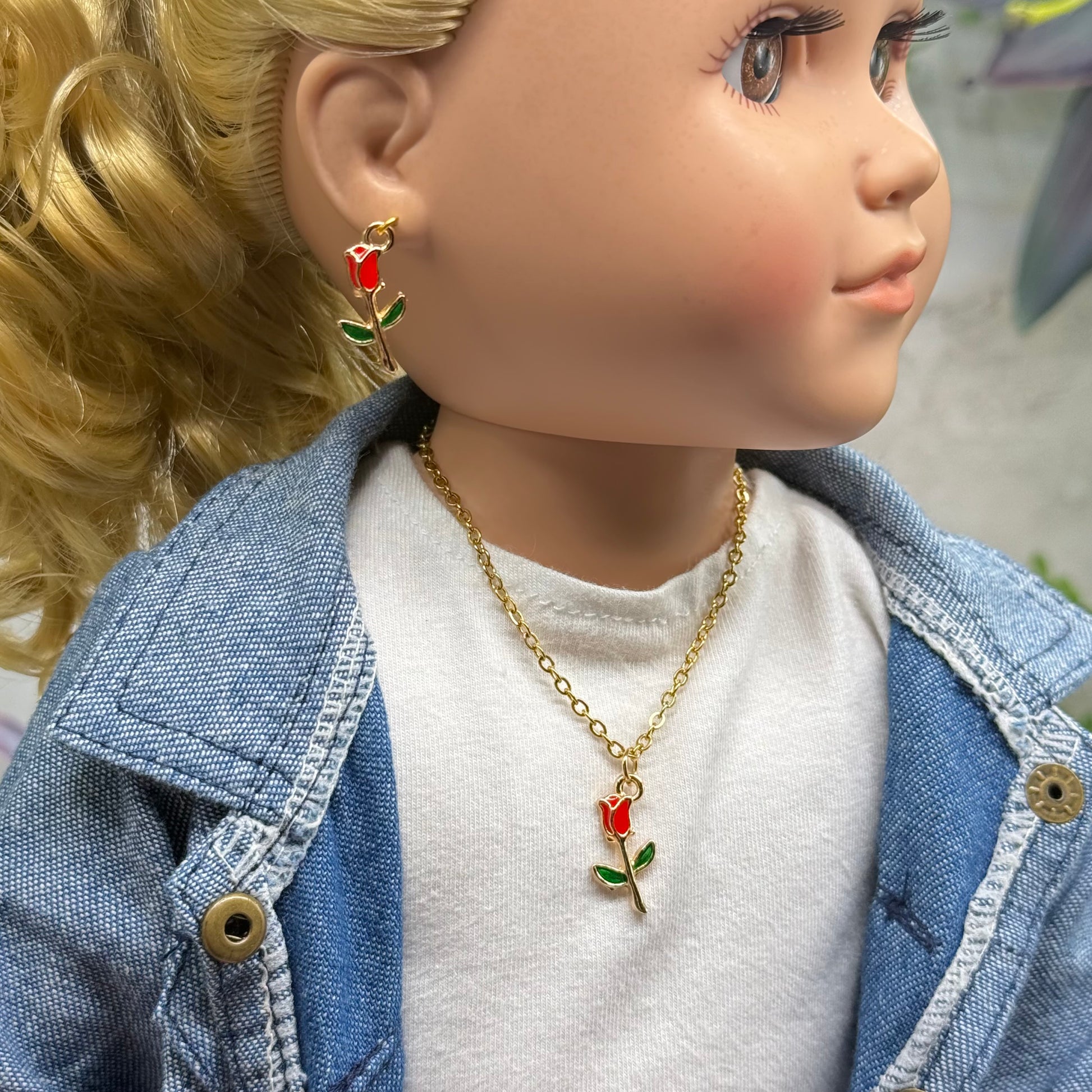✨ Handmade Doll Jewelry Designed to Fit popular 18 Inch Fashion Dolls: add a stylish touch to your favorite doll ✨

Red Rose Charm Gold Doll Necklace & Earrings Set