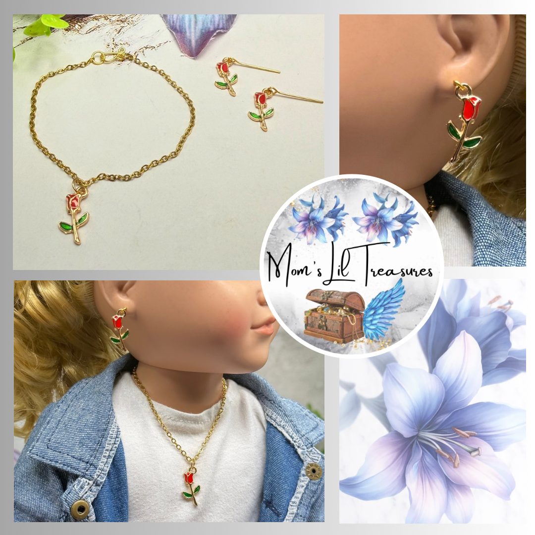 ✨ Handmade Doll Jewelry Designed to Fit popular 18 Inch Fashion Dolls: add a stylish touch to your favorite doll ✨

Red Rose Charm Gold Doll Necklace & Earrings Set