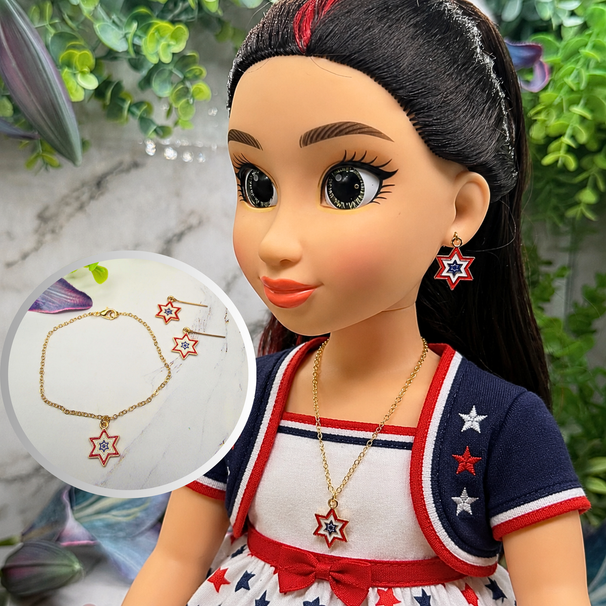 Handmade Doll Jewelry Designed to Fit popular 18 Inch Fashion Dolls: add a touch of “Patriotic Flare 🇺🇸” to your favorite doll! Red White Blue Star Charm Doll Necklace & Earrings Set