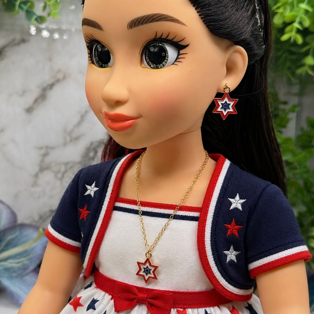 Handmade Doll Jewelry Designed to Fit popular 18 Inch Fashion Dolls: add a touch of “Patriotic Flare 🇺🇸” to your favorite doll! Red White Blue Star Charm Doll Necklace & Earrings Set