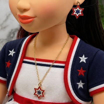 Handmade Doll Jewelry Designed to Fit popular 18 Inch Fashion Dolls: add a touch of “Patriotic Flare 🇺🇸” to your favorite doll! Red White Blue Star Charm Doll Necklace & Earrings Set