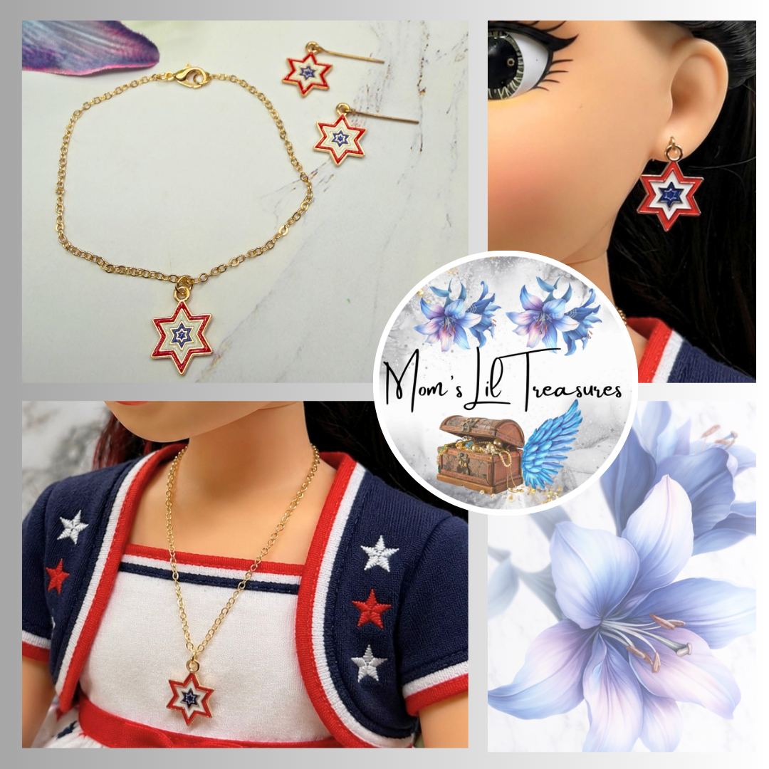 Handmade Doll Jewelry Designed to Fit popular 18 Inch Fashion Dolls: add a touch of “Patriotic Flare 🇺🇸” to your favorite doll! Red White Blue Star Charm Doll Necklace & Earrings Set