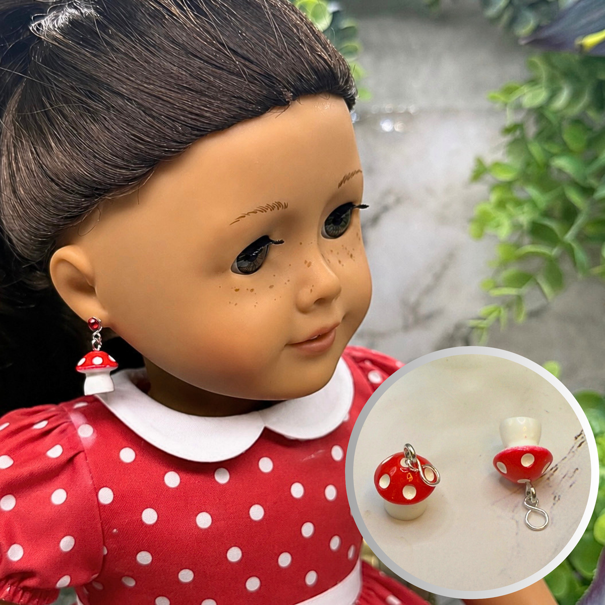 Red White Mushroom Doll Earring DANGLES ONLY • Fit 2mm Post • DANGLE CHARMS ONLY - For dolls with 2mm (drilled) pierced ears. Earrings shown on 18" American Girl doll.