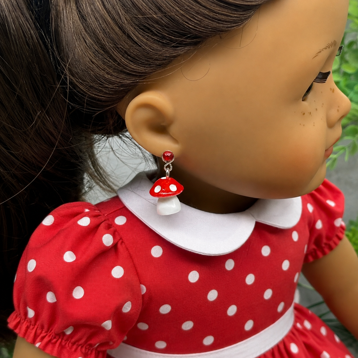Red White Mushroom Doll Earring DANGLES ONLY • Fit 2mm Post • DANGLE CHARMS ONLY - For dolls with 2mm (drilled) pierced ears. Earrings shown on 18" American Girl doll.
