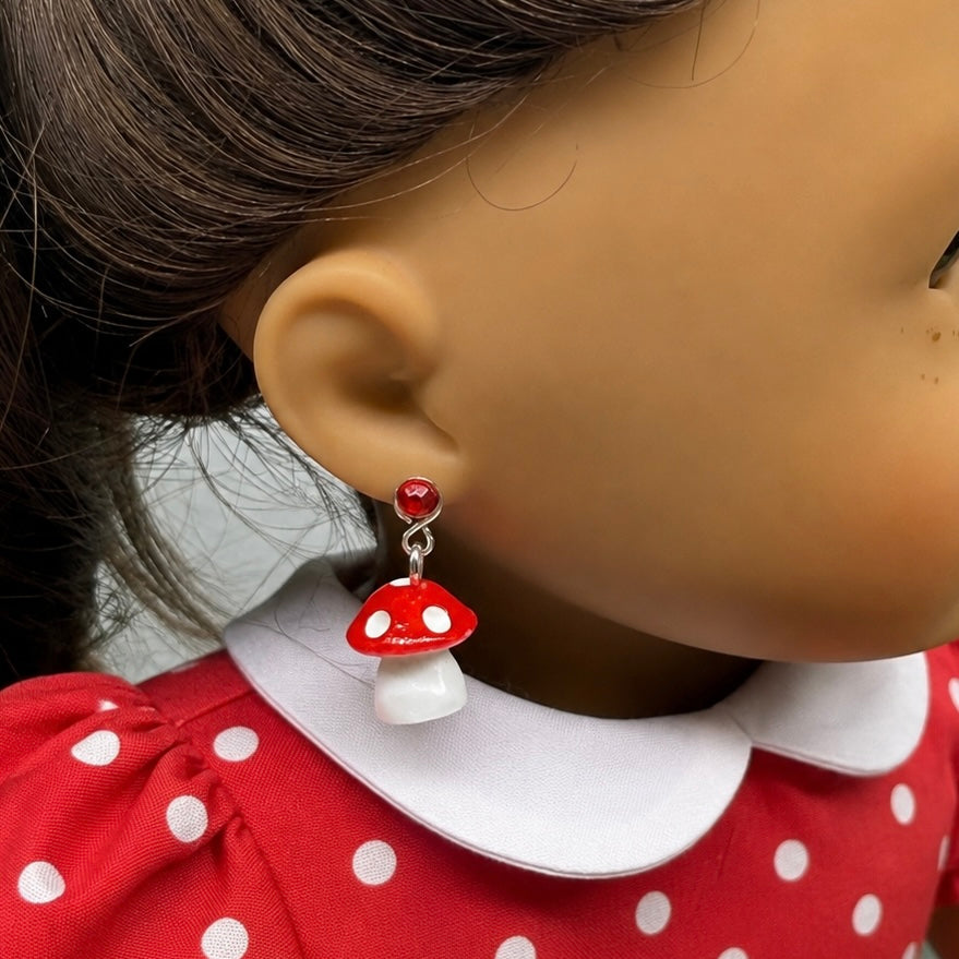 Red White Mushroom Doll Earring DANGLES ONLY • Fit 2mm Post • DANGLE CHARMS ONLY - For dolls with 2mm (drilled) pierced ears. Earrings shown on 18" American Girl doll.