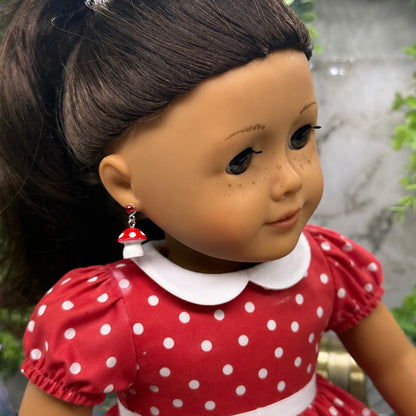 Red White Mushroom Doll Earring DANGLES ONLY • Fit 2mm Post • DANGLE CHARMS ONLY - For dolls with 2mm (drilled) pierced ears. Earrings shown on 18" American Girl doll.