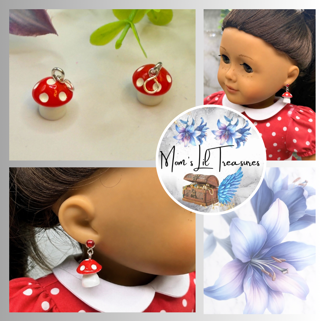Red White Mushroom Doll Earring DANGLES ONLY • Fit 2mm Post • DANGLE CHARMS ONLY - For dolls with 2mm (drilled) pierced ears. Earrings shown on 18" American Girl doll.