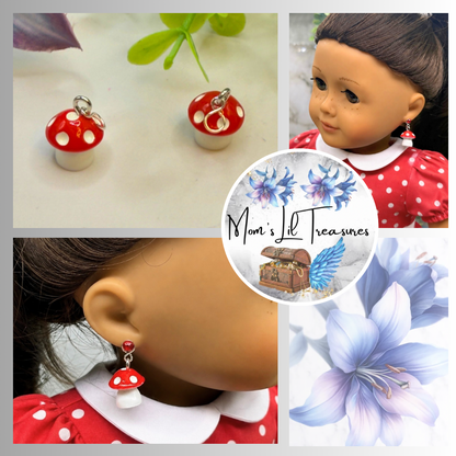 Red White Mushroom Doll Earring DANGLES ONLY • Fit 2mm Post • DANGLE CHARMS ONLY - For dolls with 2mm (drilled) pierced ears. Earrings shown on 18" American Girl doll.