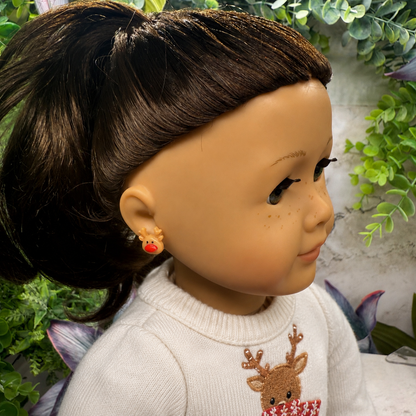 Reindeer Red Nose Rudolph Christmas 2mm Post Doll Earrings • EARRING POSTS ARE 2mm DIAMETER - for dolls with 2mm (drilled) pierced ears • Earrings shown on 18" American Girl doll