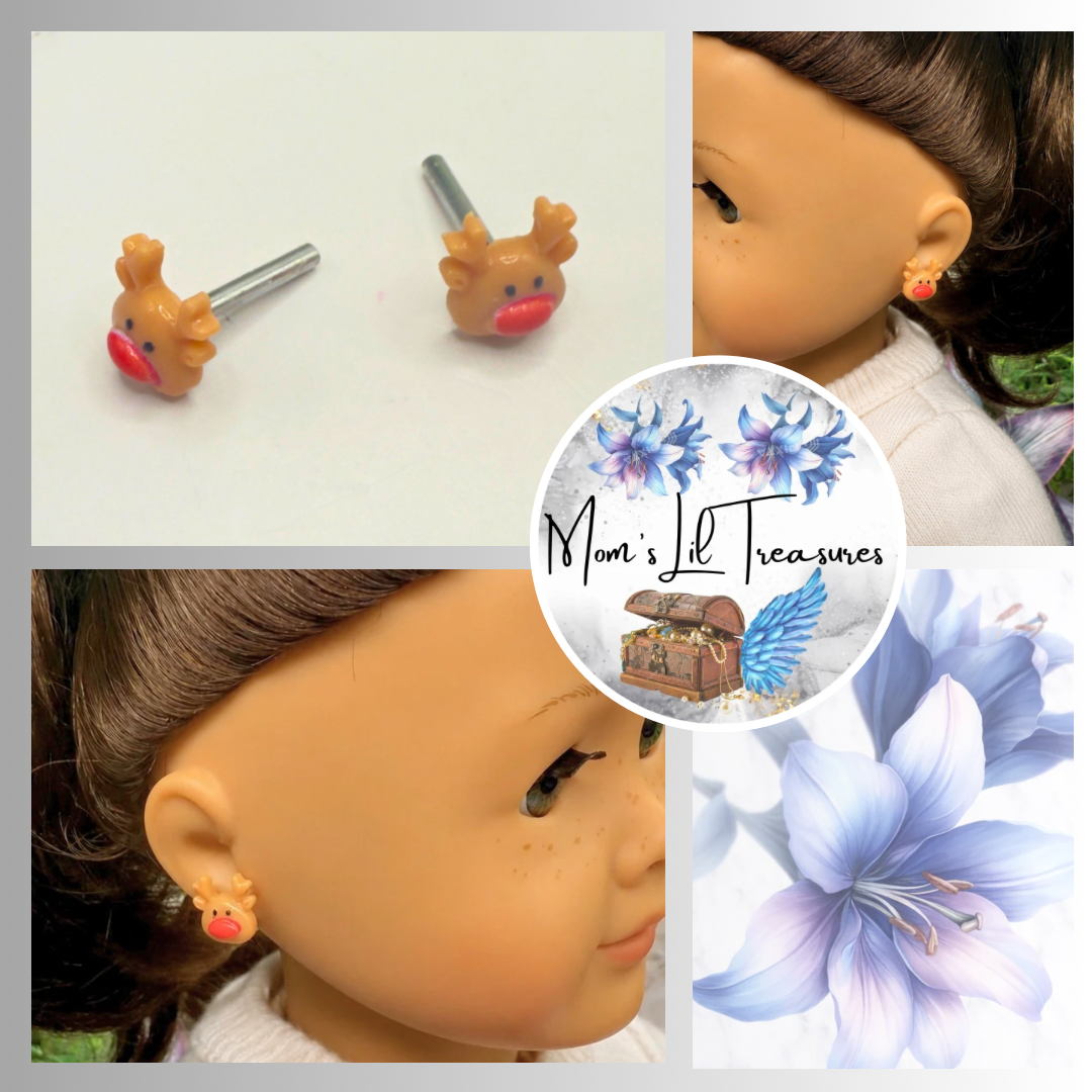 Reindeer Red Nose Rudolph Christmas 2mm Post Doll Earrings • EARRING POSTS ARE 2mm DIAMETER - for dolls with 2mm (drilled) pierced ears • Earrings shown on 18" American Girl doll