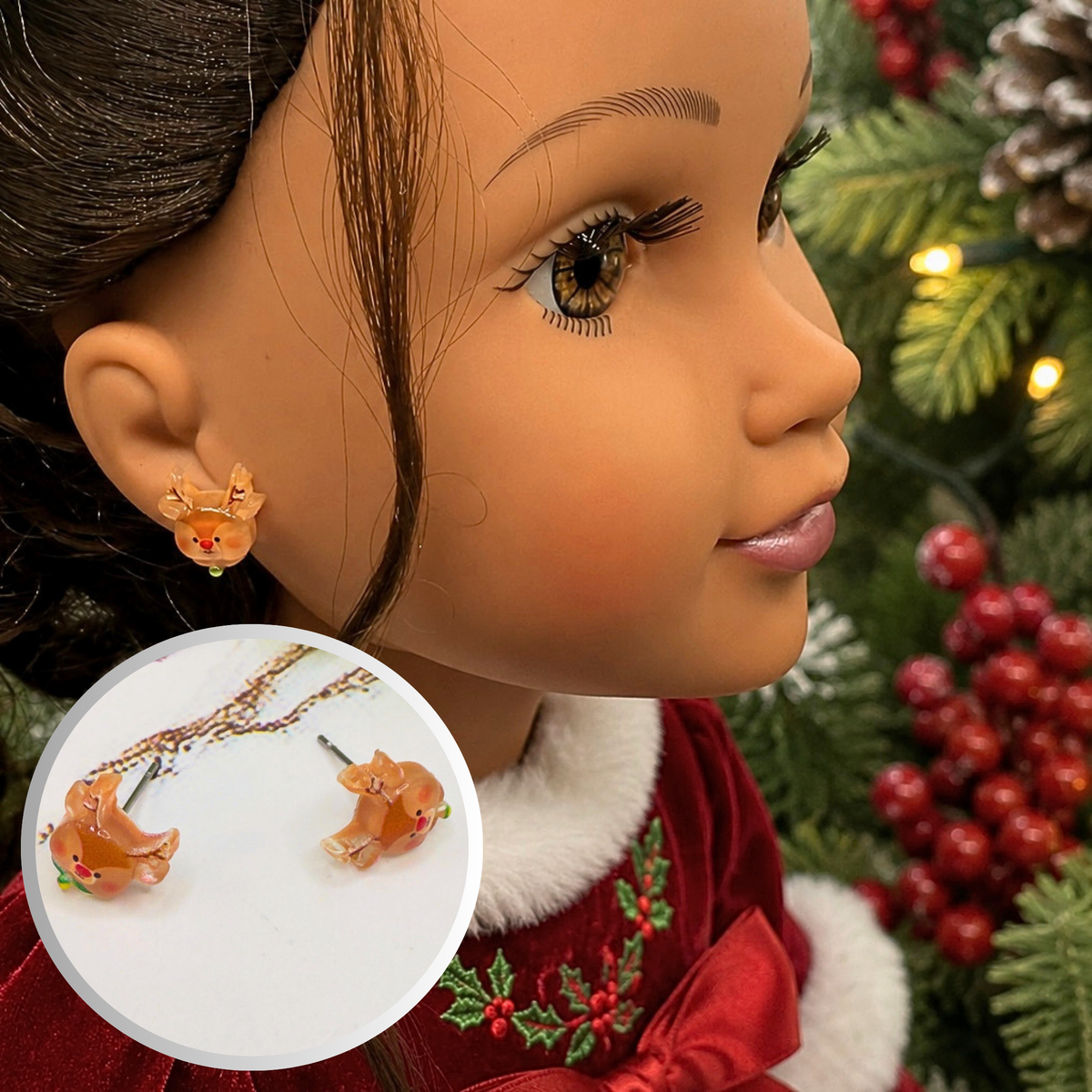 Handmade Doll Jewelry Designed to Fit popular 18 Inch Fashion Dolls: add jolly “Christmas Holiday🎄” style to your favorite doll! Rudolph Reindeer Christmas Post Doll Earrings