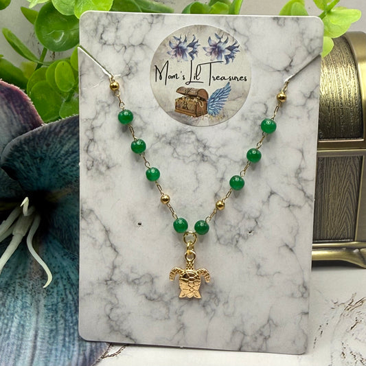Handmade Doll Jewelry Designed to Fit popular 18 Inch Fashion Dolls: add a little “Summer Fun ☀️ Beachy Style 🏝️” to your favorite doll! Sea Turtle Charm Green Beaded Gold Chain Doll Necklace