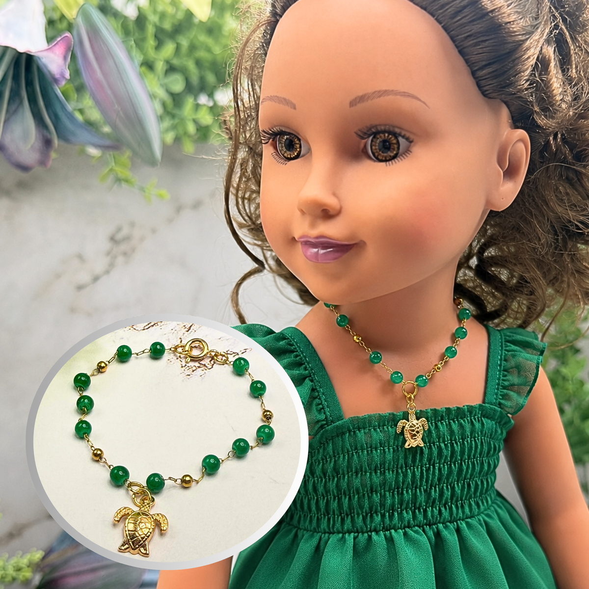 Handmade Doll Jewelry Designed to Fit popular 18 Inch Fashion Dolls: add a little “Summer Fun ☀️ Beachy Style 🏝️” to your favorite doll! Sea Turtle Charm Green Beaded Gold Chain Doll Necklace
