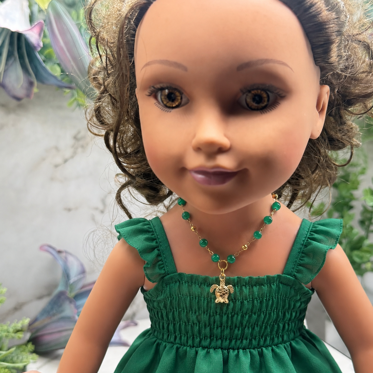 Handmade Doll Jewelry Designed to Fit popular 18 Inch Fashion Dolls: add a little “Summer Fun ☀️ Beachy Style 🏝️” to your favorite doll! Sea Turtle Charm Green Beaded Gold Chain Doll Necklace