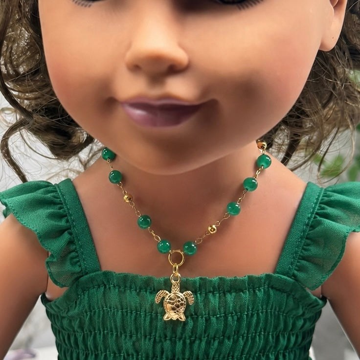 Handmade Doll Jewelry Designed to Fit popular 18 Inch Fashion Dolls: add a little “Summer Fun ☀️ Beachy Style 🏝️” to your favorite doll! Sea Turtle Charm Green Beaded Gold Chain Doll Necklace