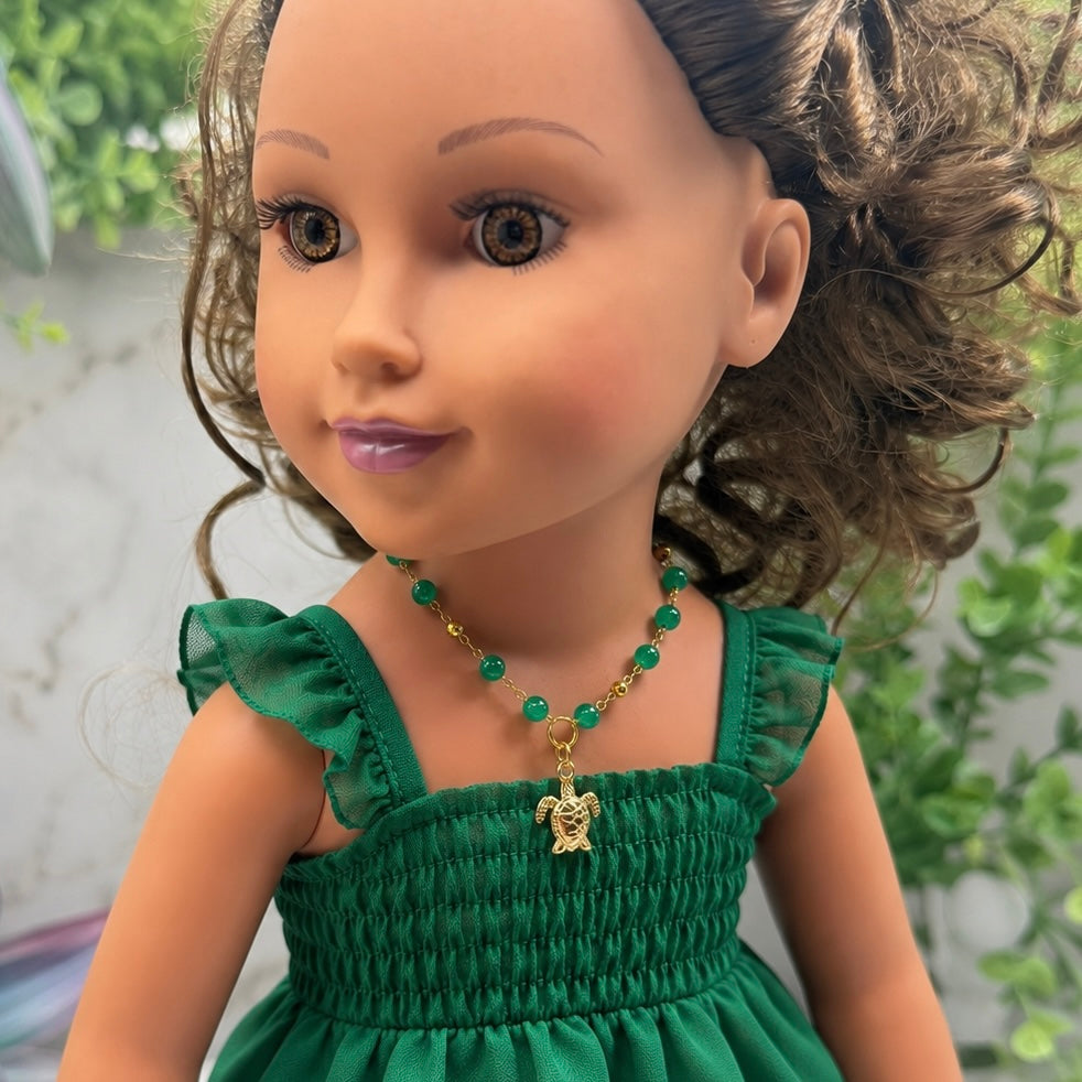 Handmade Doll Jewelry Designed to Fit popular 18 Inch Fashion Dolls: add a little “Summer Fun ☀️ Beachy Style 🏝️” to your favorite doll! Sea Turtle Charm Green Beaded Gold Chain Doll Necklace