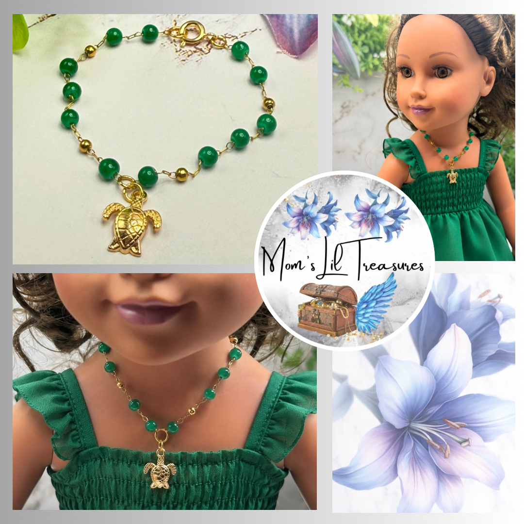 Handmade Doll Jewelry Designed to Fit popular 18 Inch Fashion Dolls: add a little “Summer Fun ☀️ Beachy Style 🏝️” to your favorite doll! Sea Turtle Charm Green Beaded Gold Chain Doll Necklace